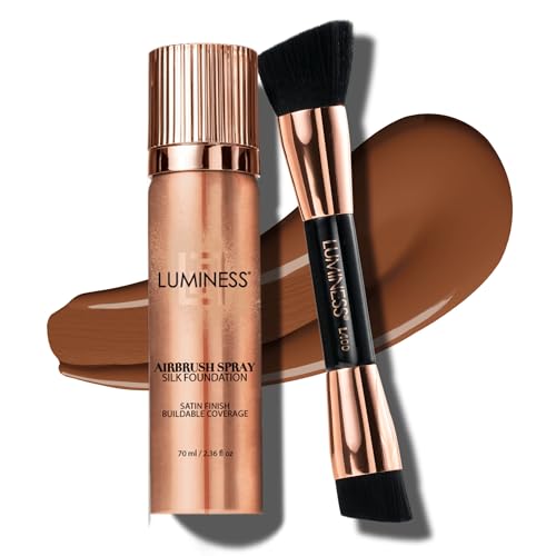 LUMINESS Silk Airbrush Spray Foundation & Buffing Brush Kit – Full Coverage Foundation & Dual-Sided Buffing Brush - Buildable Coverage, Anti-Aging Formula Hydrates & Moisturizes (Shade - Deep)