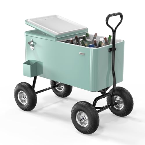 Image of VINGLI 80 Quart Wagon Rolling Cooler Ice Chest, w /Long Handle and 10 inch Wheels, Portable Beach Patio Party Bar Cold Drink Beverage, Outdoor Park Cart on Wheels