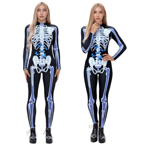 Zyncove Womens Halloween Costumes Skeleton Jumpsuit Print Skinny Stretch Catsuit Cosplay Body Suit Sexy Bodycon Bodysuit Carnival Theme Partie (Blue, M)