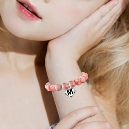 Initial Letter Birthday Graduation Gifts for Her, Adjustable Beaded Natural Stone Bracelet with Heart Charm for Daughter, Niece,Sister and Friend2