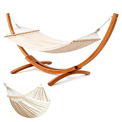 HOMAVO Hamac avec Support en Bois, Ensemble Double Hamac, 200 kg de Charge, 320×120×120 cm, Hauteur Ajustable, pour Jardin, Terrasse & Balcon 27kg