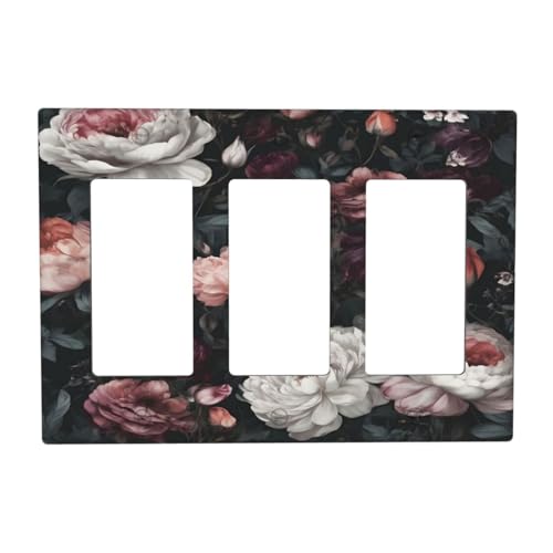 Decorative Outlet Covers Rustic Big Pink Flowers White Peony Floral 3 Gang Wall Plate Triple Rocker Light Switch Cover Plate Jumbo Electrical Gfci Faceplate for Bedroom Decor