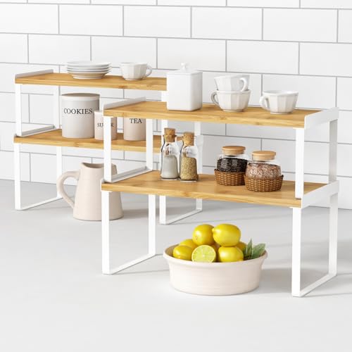 Goozii Kitchen Cabinet Organizer Shelf Set of 4, Large Stackable Pantry Cupboard Countertop Storage and Organizer, Desk Shelf Riser, Spice Plate Cup Expandable Storage Rack (Bamboo White)