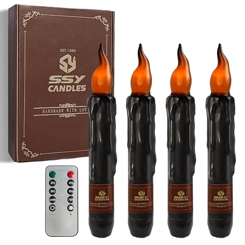 Image of Black Flameless Short Taper Candles, Real Wax Hand Dipped LED Battery Operated with Remote, Flickering Flame Lights for Festival Party Home Decor, 6.7 Inch Primitive Flameless Candles, 4PCS