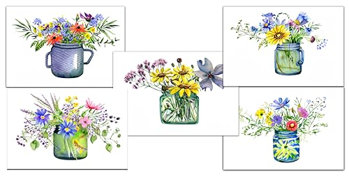 Wildflower Bouquet Greeting Cards, Set of 10 All Occasion 5x7 Note Cards with Evelopes Blank Inside. Colorful Flowers in Vase Designs.