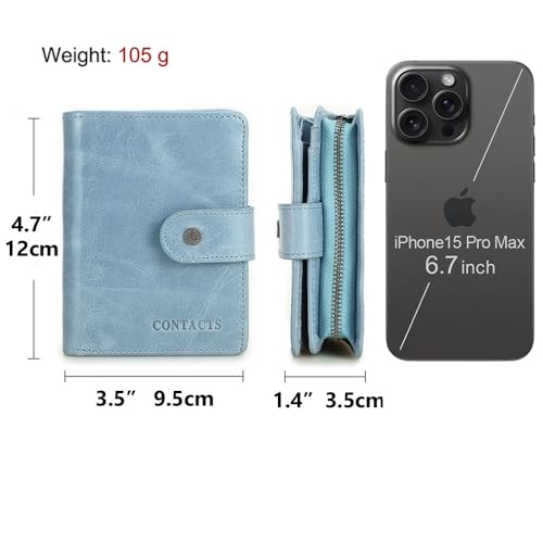 Contacts Womens Leather Bifold Wallet Small Zipper Coin Purse 12 Slot Card Holder Travel RFID Wallets (Light Blue)3