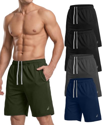 NY Threads 5 Pack Breathable Mesh Men's Athletic Shorts Loose-Fit Running Gym Shorts, Black/Black/Navy/Dark Grey/Army Green, Large