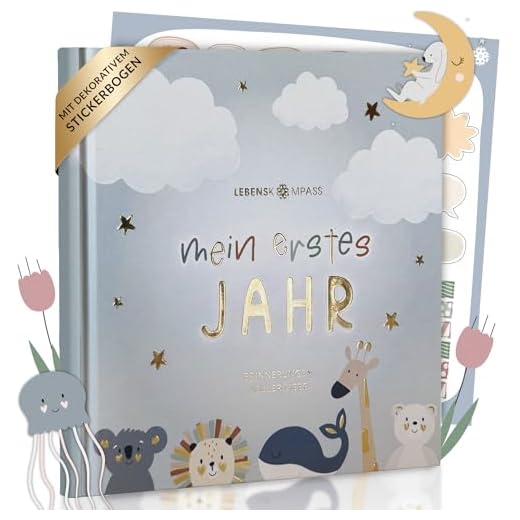 Lebenskompass Babyalbum Mein erstes Jahr "Air" mit über 75 Stickern & Spruchkarte EXTRA - Ein Baby Buch zum Eintragen - Das Babytagebuch & Erinnerungsbuch für Mädchen & Jungen