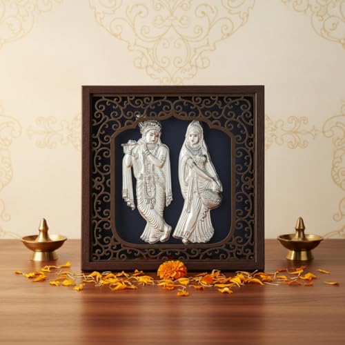 Image of BHAGWATIJEWELS Silver Plating Radhakrishna Frame | Divine Home Decor | Wall Mount Square Photo Frame for Gift, Wooden PhotoFrame for Temple | hangingframe (6.50 inch x 6.50 inch Inch)