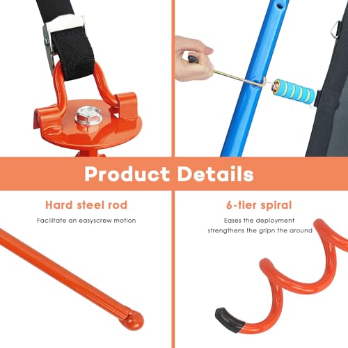 MIXXIDEA Gound Anchors Screw in, Metal Spiral Earth Anchors Kit, Heavy Duty Folding Ring Spiral Stake with Straps, Ground Stakes for Tent (Orange, 17.5 Inch)