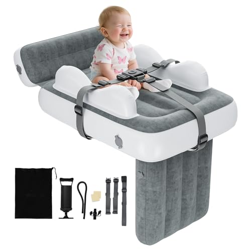 Deeteck Inflatable Toddler Airplane Bed with Storage Bag - Lightweight Airplane Seat Extender for Kids - Inflatable Toddlers Air Mattress & Portable Kids Travel Bed with Hand Pump & Safety Belt