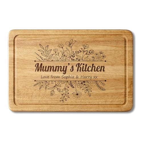 Personalised Solid Wood Chopping Board 30 x 20 cm Custom Laser Engraved Kitchen Gift - Botanical Wildflower Design