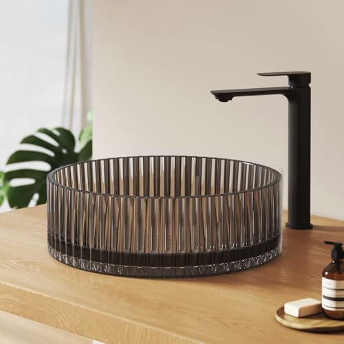 EMKE Lavabo à Poser en Verre Cristal, Rond Noir Mat, 400x400x120mm, Vasque depour Salle de Bain et WC Invités, Facile à Nettoyer et à Installer
