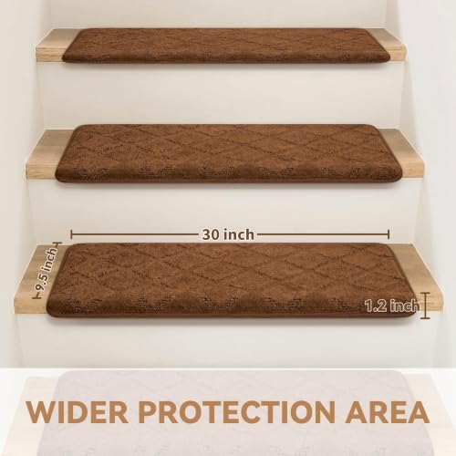 Bullnose Stair Treads Non Slip 9.5" x 30", 14 Pcs Carpet Stair Treads for Wooden Steps Indoor with Edge Protection, Reusable Peel and Stick TPU Backing Stair Runner Rugs - Diamond Pattern Brown by NEKL - Image 2