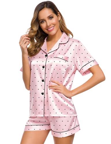 Image of SWOMOG Womens Silk Satin Pajamas Set Short Sleeve Sleepwear Button Down Top and Shorts Loungewear 2 Piece Pjs Set XS-3XL