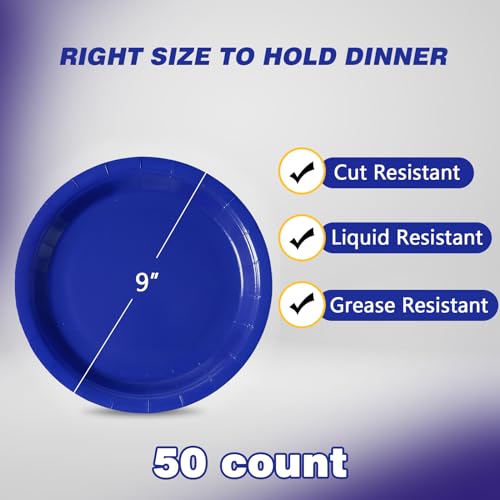 Image of Royal Blue Disposable Paper Plates, 9 Inch Dinner Plates, 50 Count Bulk | Colored and Sturdy Durable Party Plates, for Birthday, Halloween, Christmas, Baby & Bridal Showers, BBQ, Pizza & Sandwiches
