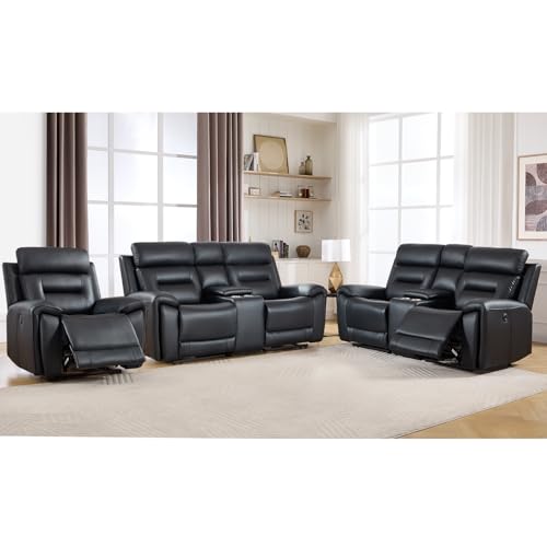 Image of ANJ 3-Piece Faux Leather Power Recliner Sofa Set with USB&Type-C Charging Ports, Include Single Recliner Chair, 2-Seater Loveseat Set of 2 with Hidden Storage & Cup Holders, Black