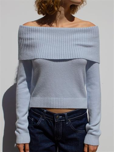 Image of Women Off The Shoulder Sweater Y2k Long Sleeve Boat Neck Knit Cropped Pullover Tops Fall Trendy Going Out Streetwear