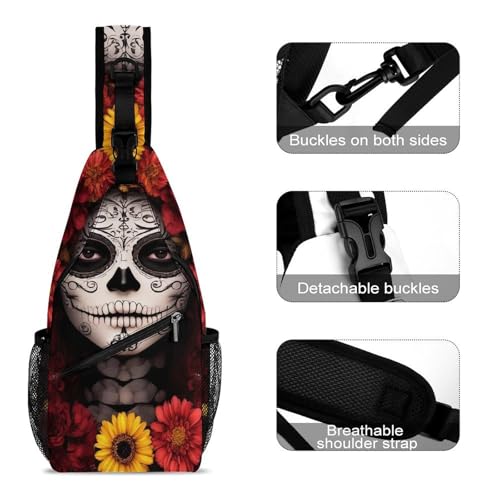 Men's Small Day Pack, Cross Body Sling Bag, Travel Hiking Fashion Chest Bag Mexican Day of The Dead Sugar Skull Floral Women Art3