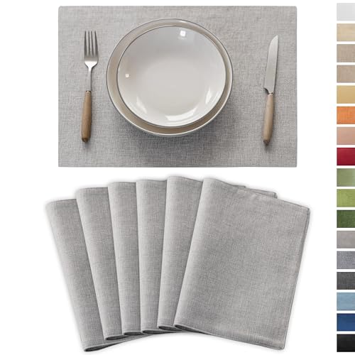 Demetex Gray Placemats Set of 6 Linen Heat Resistant Plate Mats Washable Place Mats for Buffet Dinner Party Decorations, 13 x 19 inches, Light Grey