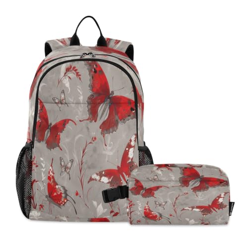 Sac à dos étudiant papillon rouge anti-mal de dos avec sac à lunch pour enfants