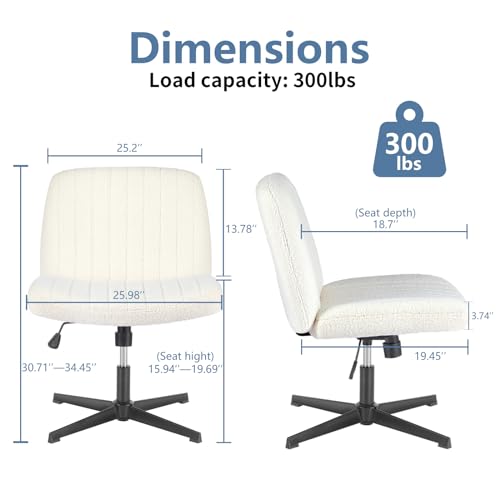 Image of DUMOS Criss Cross Chair No Wheels, Cross Legged Office Desk Armless Vanity Chair Wide Seat, Height Adjustable Swivel Task Computer Chairs for Home Bedroom, Beige Teddy
