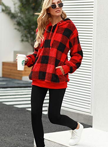Nirovien Womens Sherpa Pullover Tie Dye Fuzzy Hoodie Double Fleece Sweatshirts Fluffy Oversized Plaid Outerwear(Red Plaid,M) #TOP6