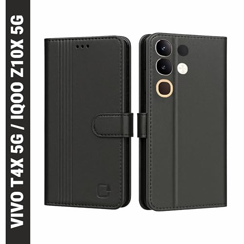 Image of AIBEX Shock Proof Flip Compatible for IQOO Z10X 5G / Vivo T4X 5G Flip Cover Leather Finish | Inside TPU with Card Pockets | Wallet Stand | Complete Protection Flip Case - Black