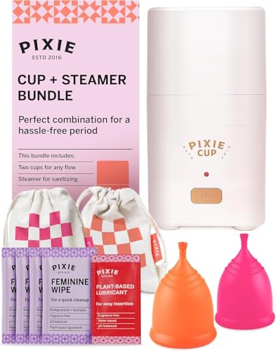 Esterilizador de copa menstrual Pixie + Pixie Cup grande y pequeño - Mata el 99.9% de los gérmenes con la solución de vapor limpiador de copa menstrual - El esterilizador de copa menstrual funciona en