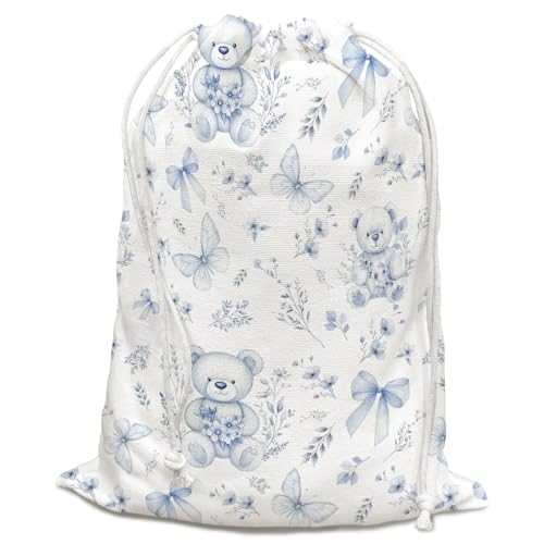 DSHFG Light Blue Chinoiserie Birthday Drawstring Gift Wrap Bags, Chinoiserie Bear Baby Shower Drawstring Gift Bags Canvas, Blue and White Small Happy Birthday Bag, 10x13 Inch