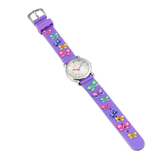 Jewtme Kids Time Teacher Watches 3D Cute Cartoon Silicone Children Toddler Wrist Watches For Ages 3-10 Boys Girls Little Child Butterfly Purple #TOP2