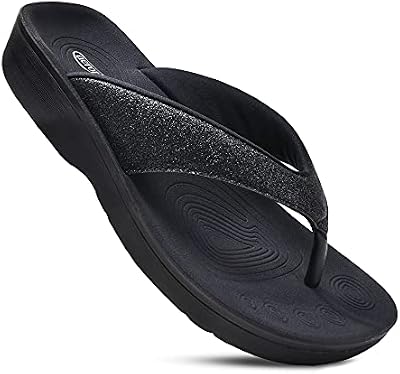 AEROTHOTIC Comfy Arch Support Flip Flops for Women - Orthopedic Slip on Sandals, Crystal Black, Size...