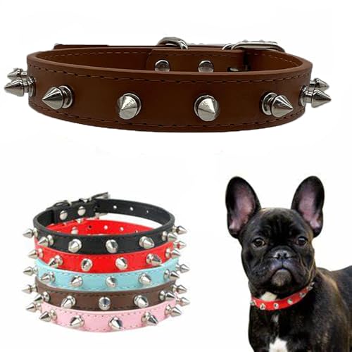 Spiked Dog Collar Soft Pu Leather Rivet Spike Stud Studded Cat Collars Adjustable for Girl Boy Small Breed Pet Teacup Mini Tiny Puppy Kitten Brown Medium