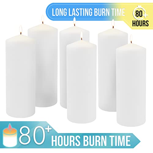 Image of Stonebriar Unscented White Tall Pillar Candles, 80 Hour Burning Candle Pillars, Perfect for Decor, Weddings, Emergencies 3 inch X 8 inch, 6 count