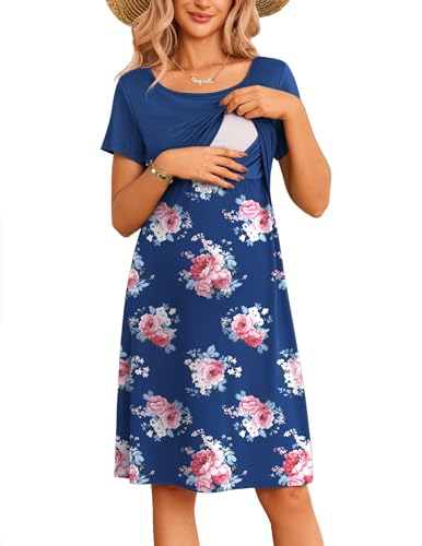 Image of Ekouaer Women's Nursing Dress Summer Short Sleeve Patchwork Maternity Breastfeeding Knee Length Dress