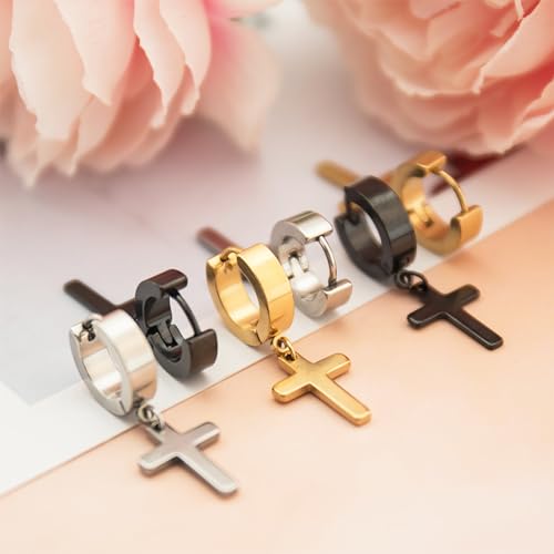 NEWITIN 9 Pairs Stainless Steel Cross Earrings for Men Hypoallergenic Earring Unisex Hoop Hinged Dangle Cross Earring Punk Earrings for Men Women3