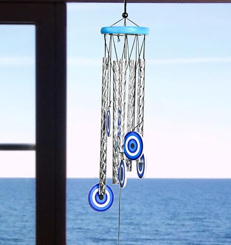 Image of ZAICUS 27-Inch Turkish Evil Eye Wind Chimes - Metal Hanging Decor for Home, Balcony, Living Room & Entrance - Positive Energy & Housewarming Gift for Women (Blue)