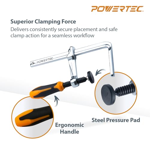 Image of POWERTEC 71410 Quick Screw Guide Rail Clamp for MFT Table and Track Saw Guide Rail System, 5-3 /8 inch Capacity x 2-3 /8 inch Throat Depth, 400lbs Clamping Force, 2 Pack