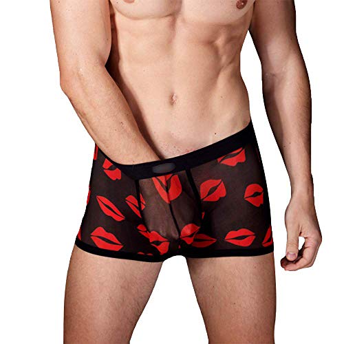Men's Sexy Mesh Boxer Briefs Hot Lip Transparent Lingerie Red Heart Print Mesh Transparent Bulge Pouch Underpants(43Black2pcs,M)
