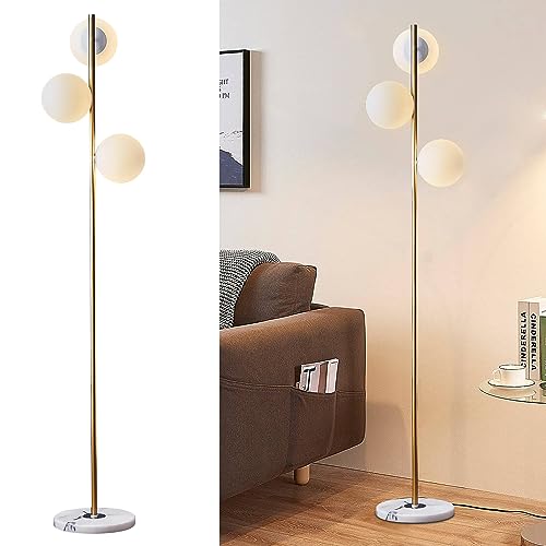 Image of BOKT Modern 3-Lights Globe LED Floor Lamp Mid Century Brushed Gold Tall Standing Light Frosted White Glass Sphere Standing Lamp Traditional Anti Brass Corner Freestanding Lamp
