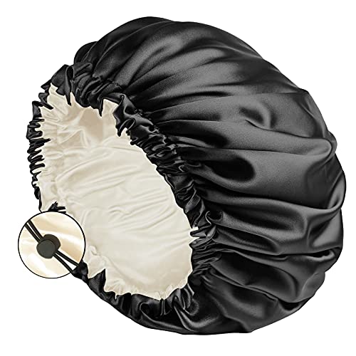 Auban Large Bonnet Sleep Cap Hair Wrap for Curl, Double Layer Satin Lined Bonnet for Sleeping Adjustable Elastic Lace Band Large Hair Silk Wrap for Women Hair Care and Washing Face