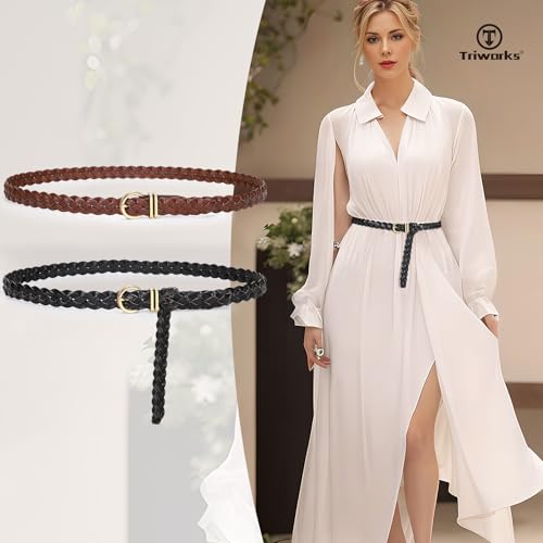 2 Pack Women's Skinny Braided Leather Belts Thin Woven Waist Belts for Jeans Pants Dresses2