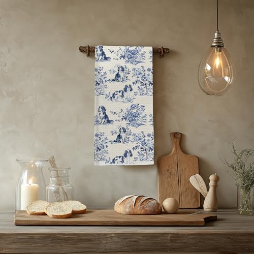 Image of Chinoiserie Cavalier King Charles Spaniel Kitchen Towels, King Charles Cavalier Gifts Dish Tea Towels for Kitchen, Grandmillennial Toile de Jouy Dog Hand Towels for Bathroom, 16x24 Inch