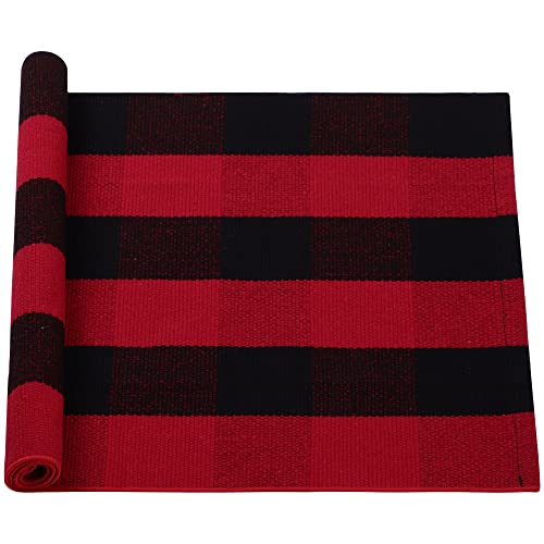 sourcing map Cotton Plaid Door Mat, Red & Black Area Floor Rugs, Checkered Carpet for Indoor/Outdoor, Woven Washable Buffalo Mat, Retro Doormat Runner Rug for Front Porch/Kitchen 24x35