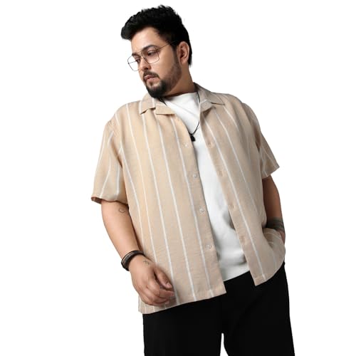 Image of Urbano Plus Men's Cotton Half Sleeve Relaxed Fit Linen Striped Shirt with Cuban Collar