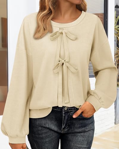 Image of Vivilli Women's Tie Front Knit Tops Long Lantern Sleeve Shirts Crewneck Sweatshirts A-Line Patchwork Fall Fashion Tunic