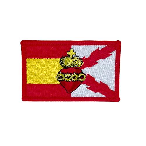 Gemelolandia | Parche Bordado Termoadhesivo Bandera de España y Cruz de Borgoña con el Sagrado Corazón - Edición Limitada - 7 x 4,5 cm - Ideal para mochilas y ropa
