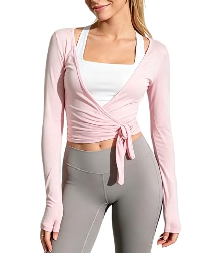 Womens Ballet Wrap Top Long Sleeve Tie Front Workout Cover Up Pilates Yoga Tops Y2k Fairy Coquette Shirt Going Out (Pink Slim Fit, S)