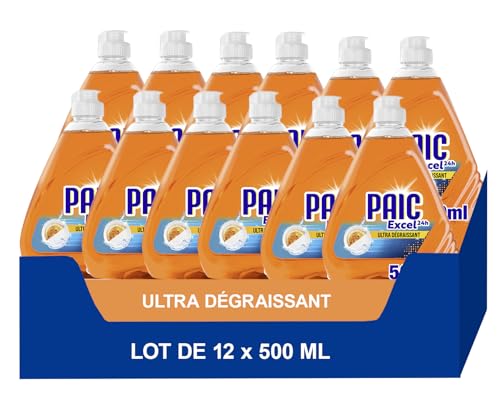 PAIC - Liquide Vaisselle Excel DEFI24H Mandarine - Formule Ultra-Dégraissante et Pouvoir Désincrustant - Efficacité même sur Graisses Séchées - Lot de 12 x 500ml