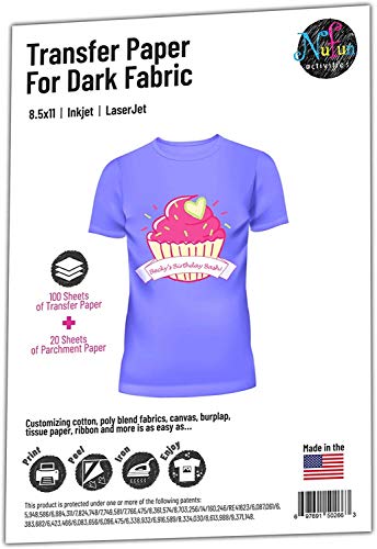 NuFun Activities Inkjet Printable Iron-On Heat Transfer Paper for T Shirts and Dark Fabrics, Shirt Printing and DIY Projects - 8.5x11” - 100 Sheets